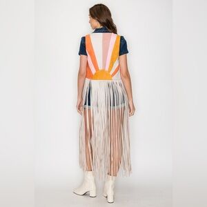 New! Western Colorful long Fringe Vest with Sunburst Design